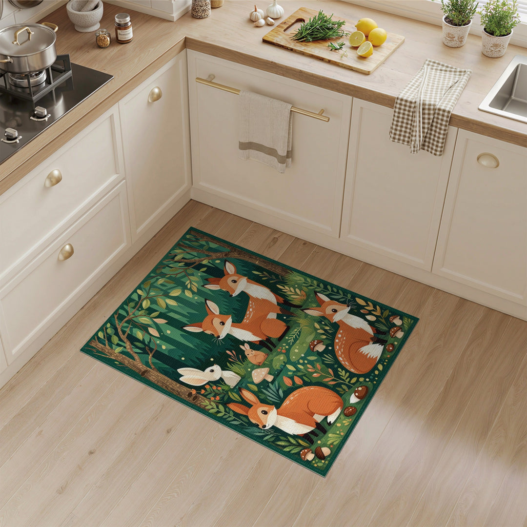 Kids Cartoon Forest Foxes Area Rug