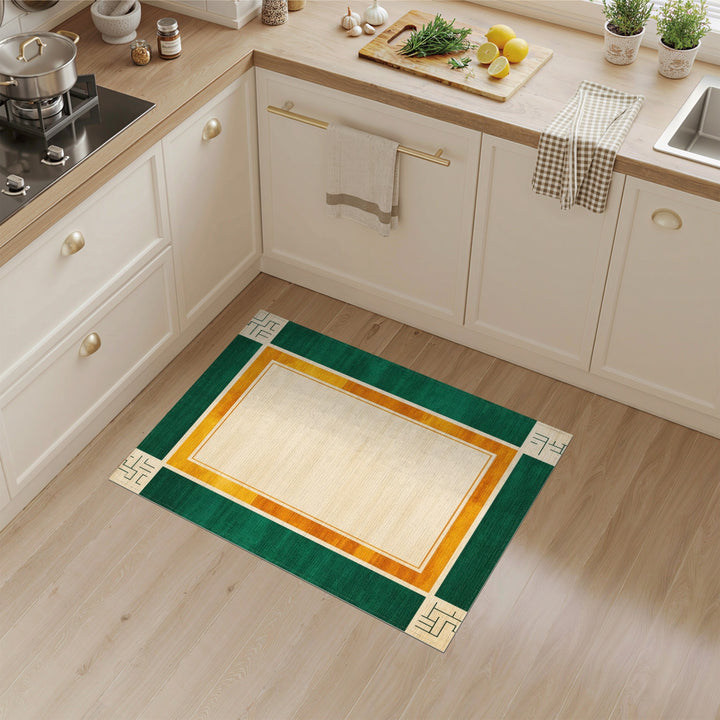 Green Geometric Area Rug with Orange Border