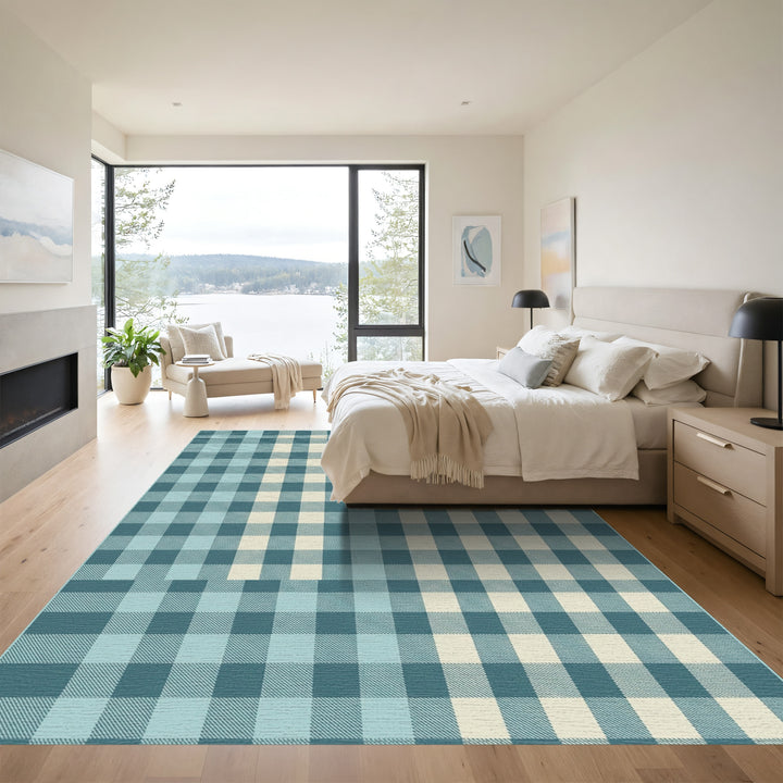 Teal Cream Checkered Comfort Rug