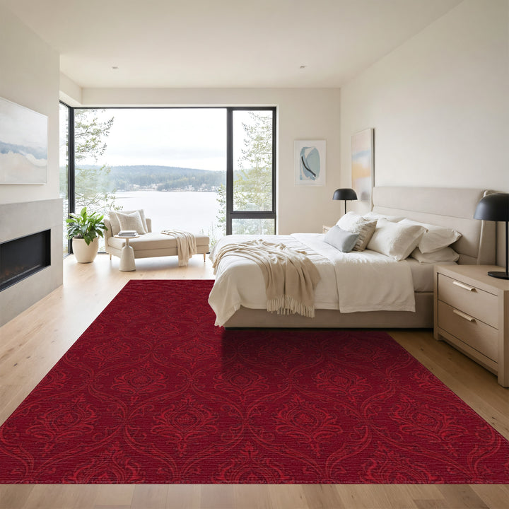 Deep Crimson Damask Scroll Rug