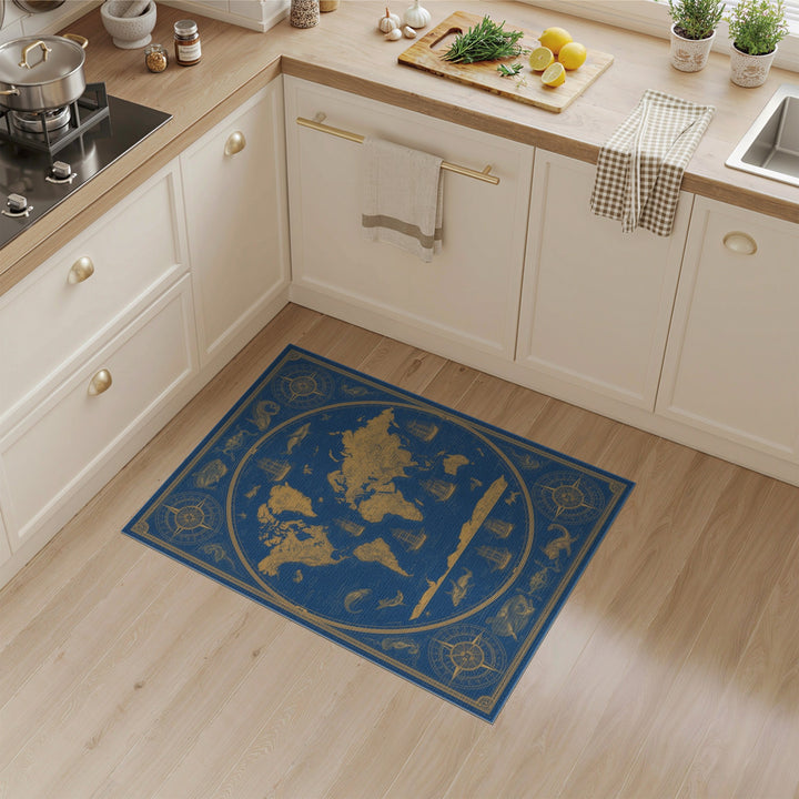 Vintage Nautical World Map Blue Area Rug
