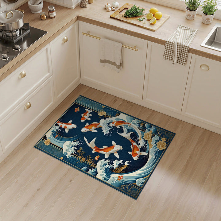 Koi Fish Waves Blue Area Rug