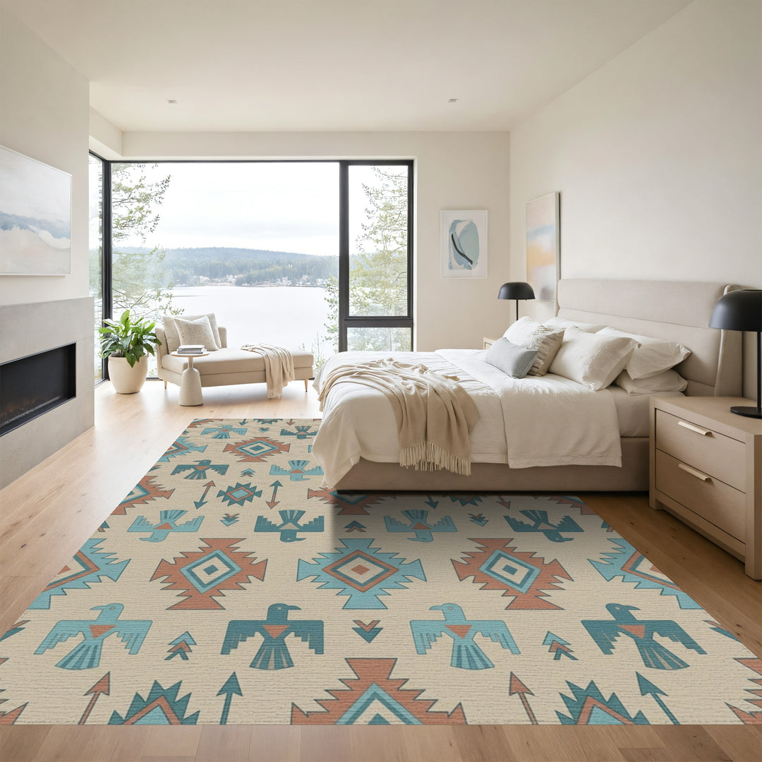 Terracotta Blue Thunderbird Geometric Rug