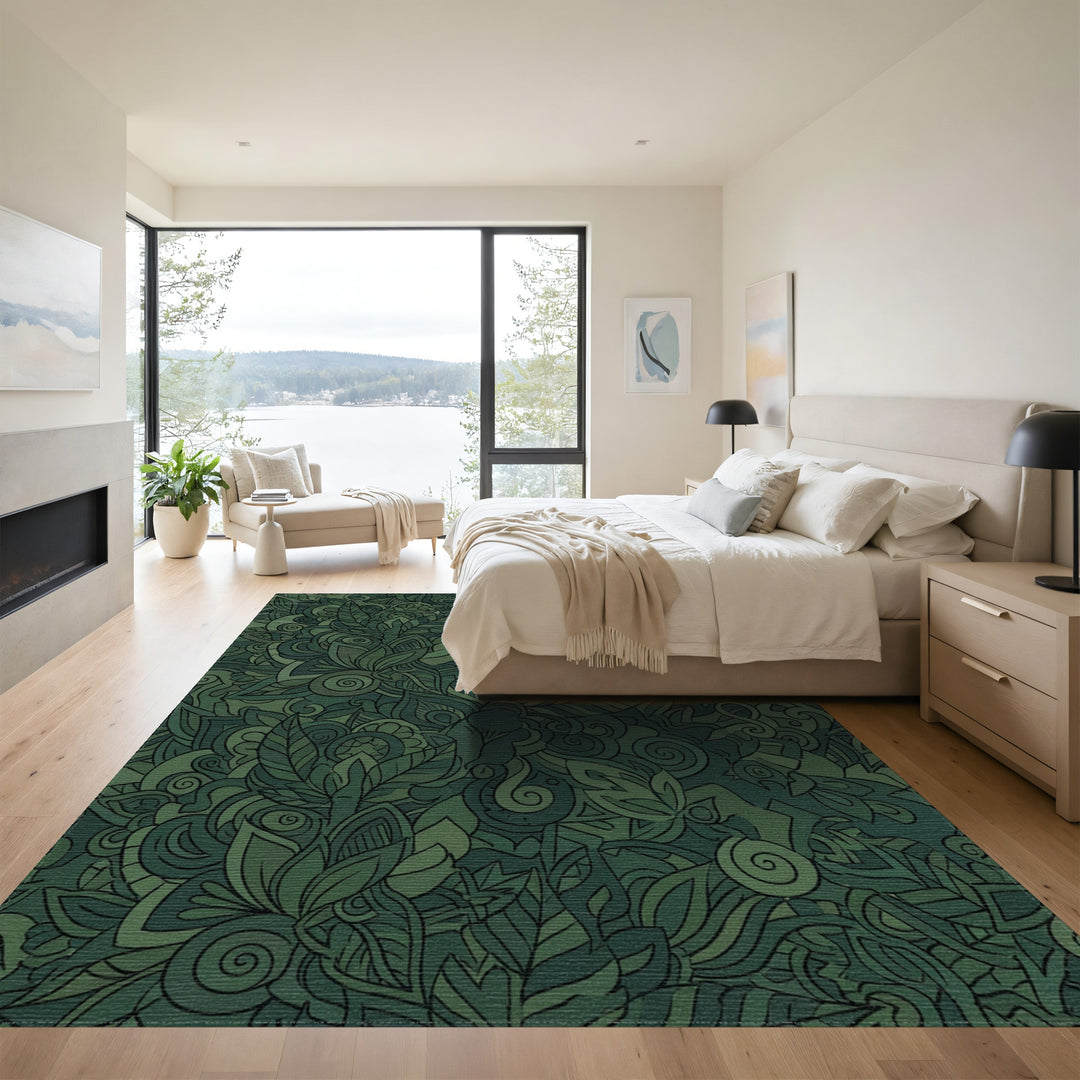 Earthy Green Lush Botanical Swirl Rug