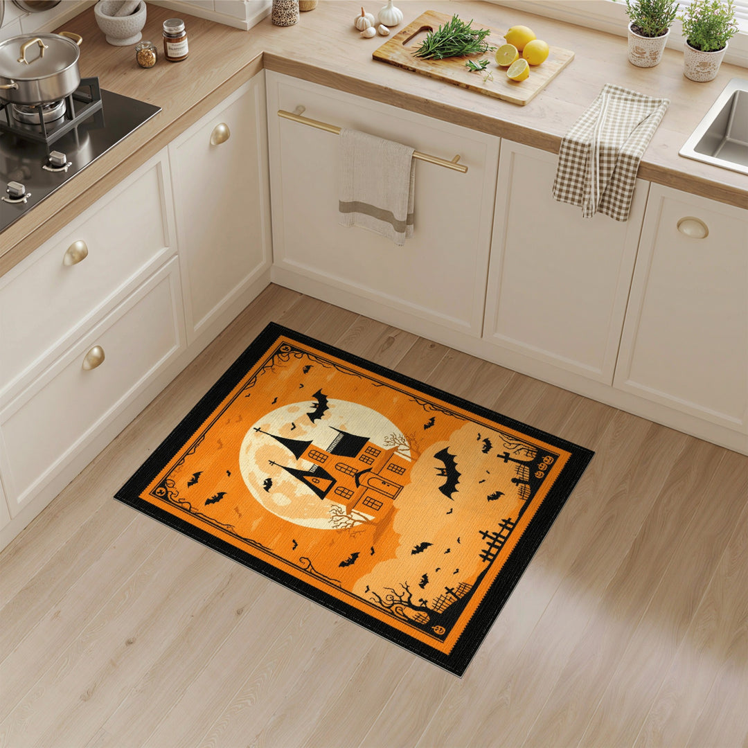 Kids Cartoon Orange Haunted House Halloween Area Rug