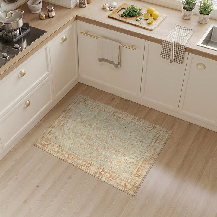 Distressed Beige Geometric Vintage Rug
