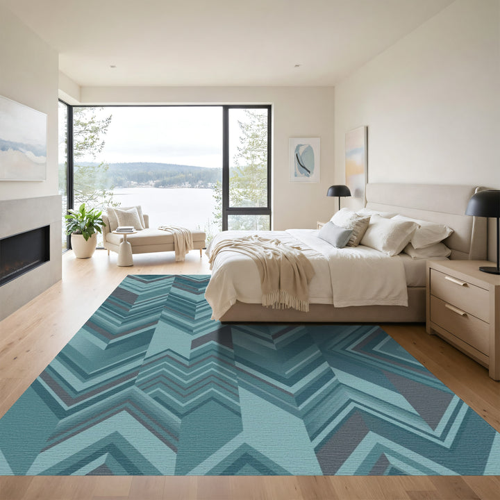 Teal Chevron Geometric Overlay Rug