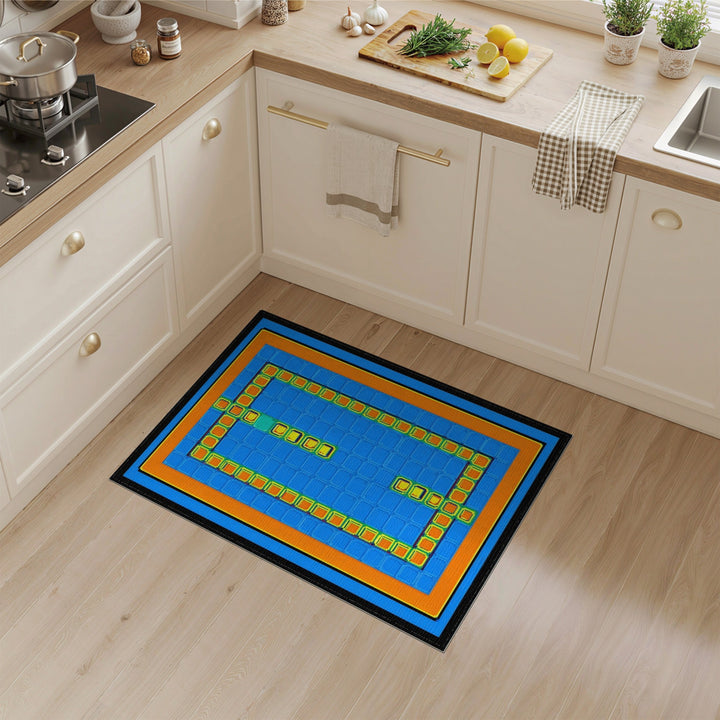 Blue Geometric Area Rug with Orange Border
