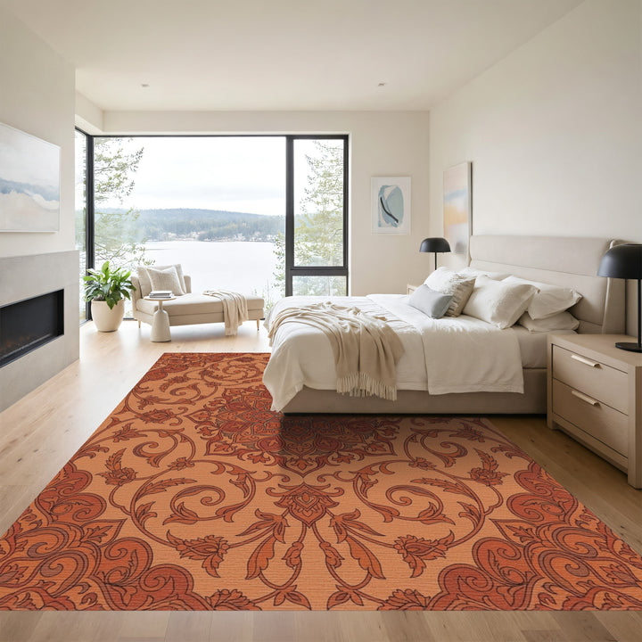 Terracotta Floral Medallion Intricate Scroll Rug