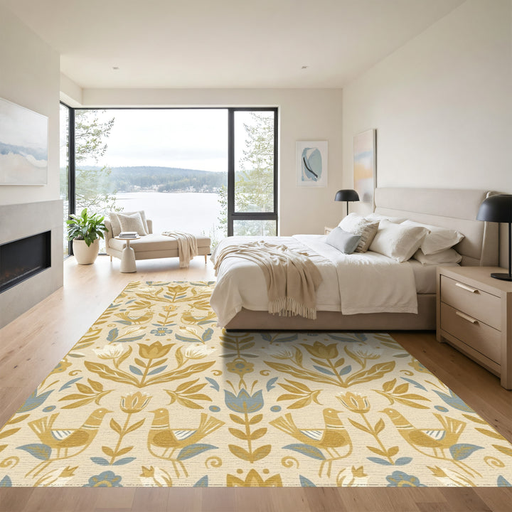 Golden Bird Floral Folk Art Rug