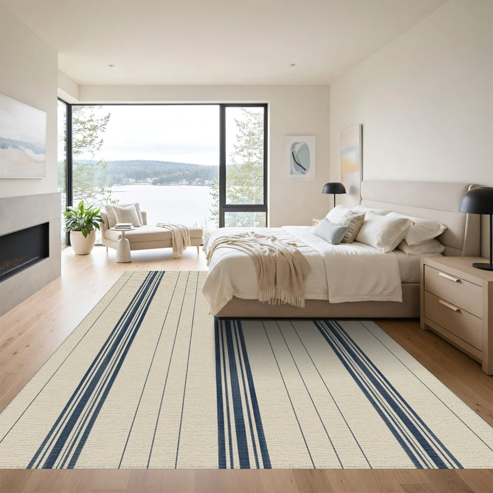 Classic Navy Blue Stripe Cream Rug