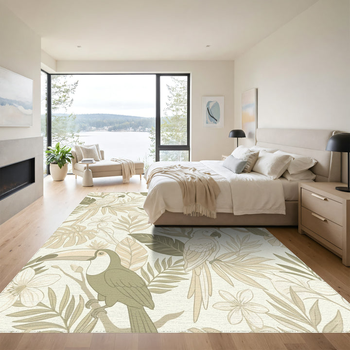 Toucans Parrots Tropical Foliage Beige Rug
