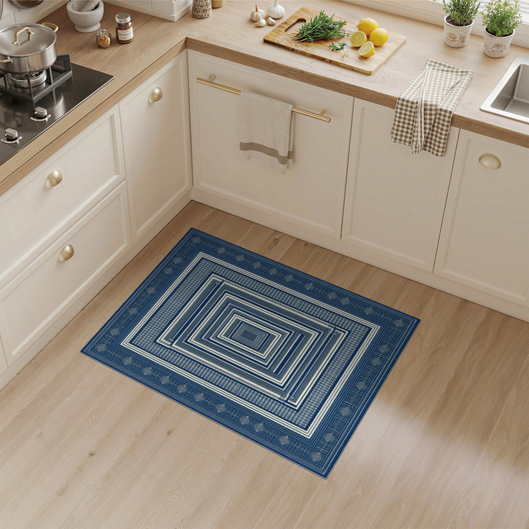 Blue and Teal Blue Concentric Geometric Area Rug
