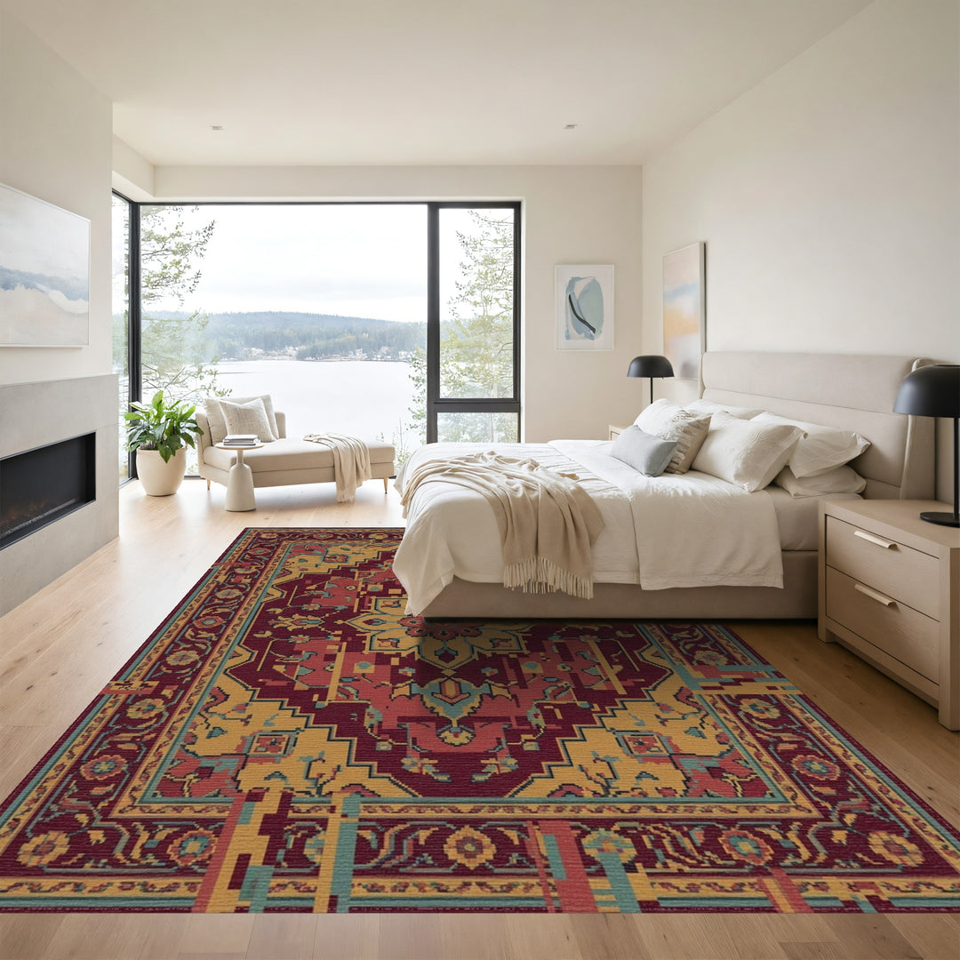 Crimson Golden Medallion Glitch Rug