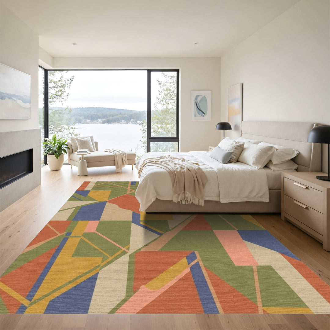 Abstract Geometric Terracotta Blue Olive Rug