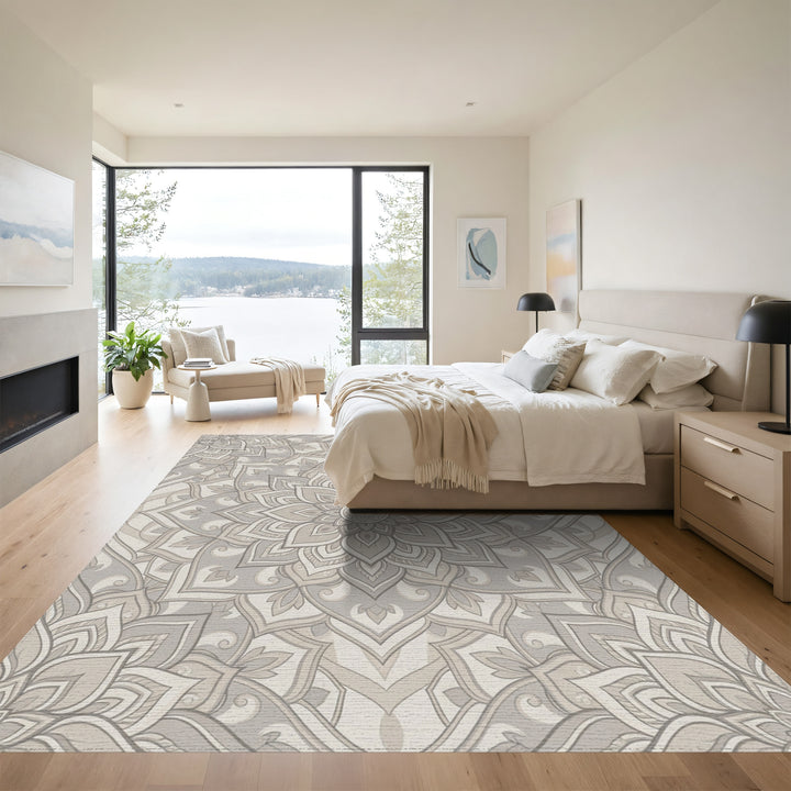Neutral Gray Ornamental Lotus Rug