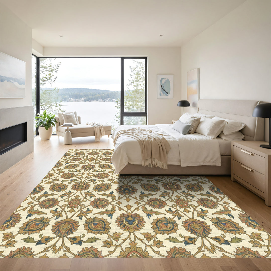 Earthy Gold Floral Medallion Overlay Rug