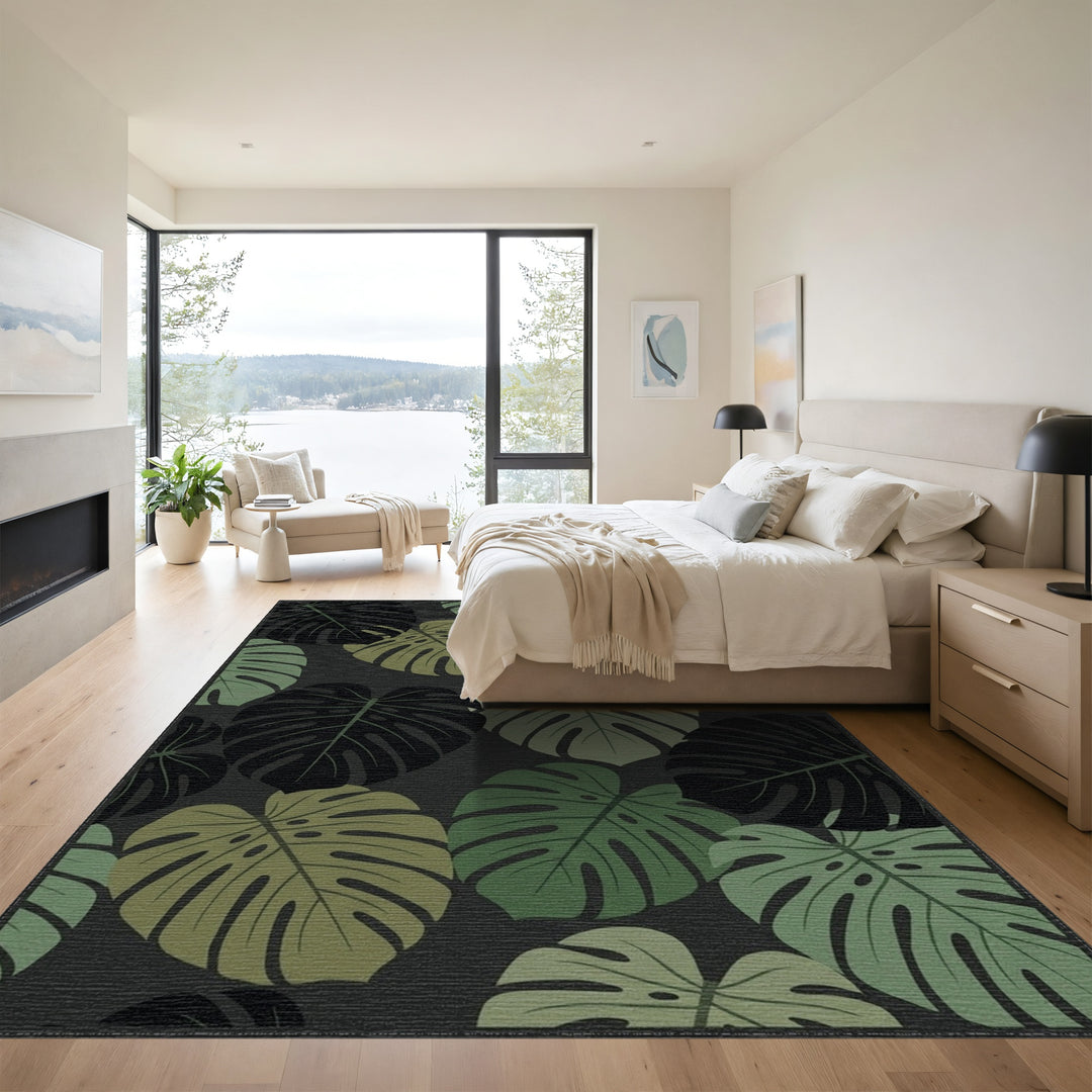 Monstera Leaves Dark Green Woodland Rug