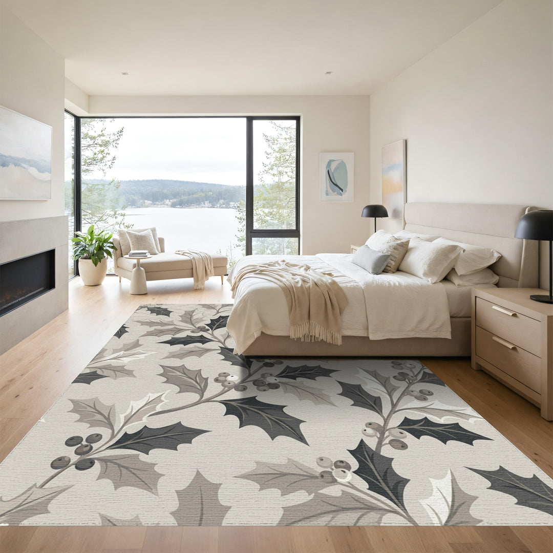 Monochromatic Holly Berry Branches Rug