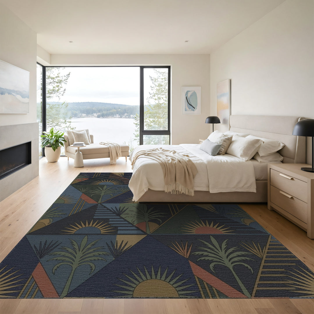 Geometric Sunrise Palm Tree Blues Rug