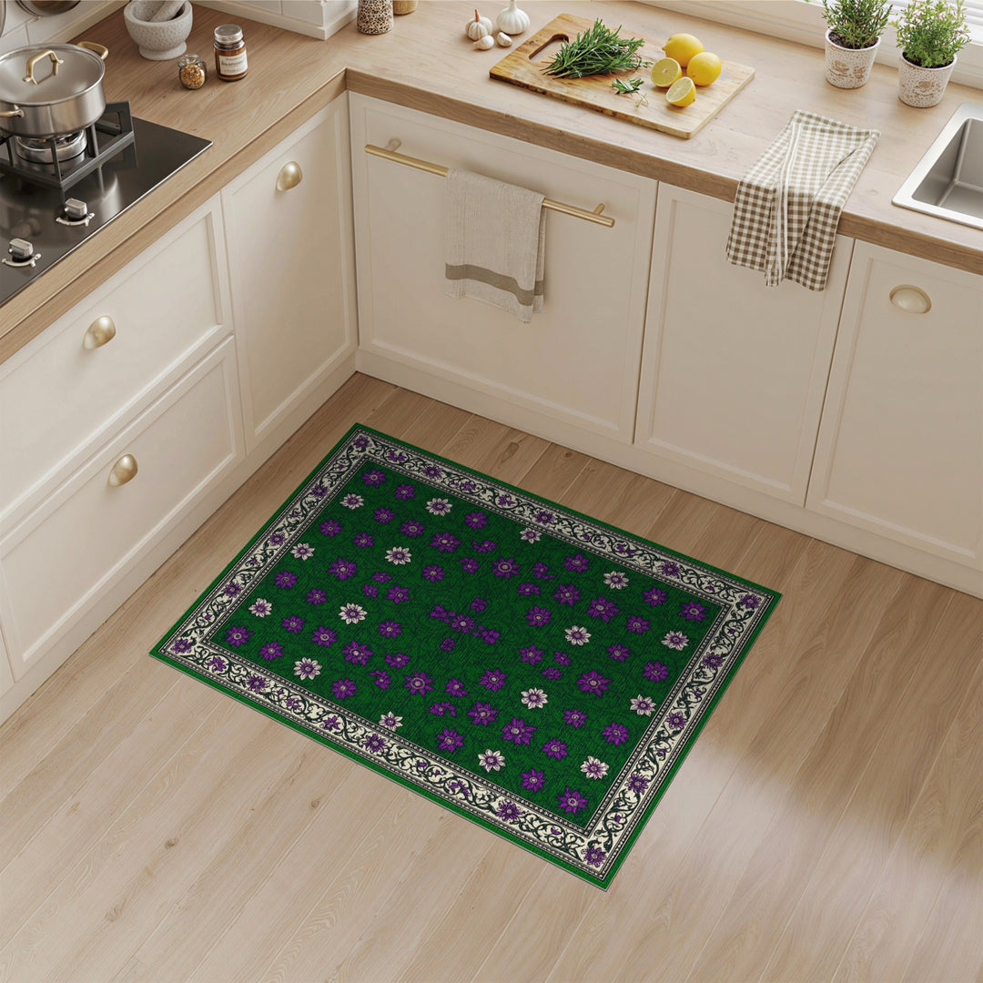 Green Purple Floral Vintage Green Area Rug