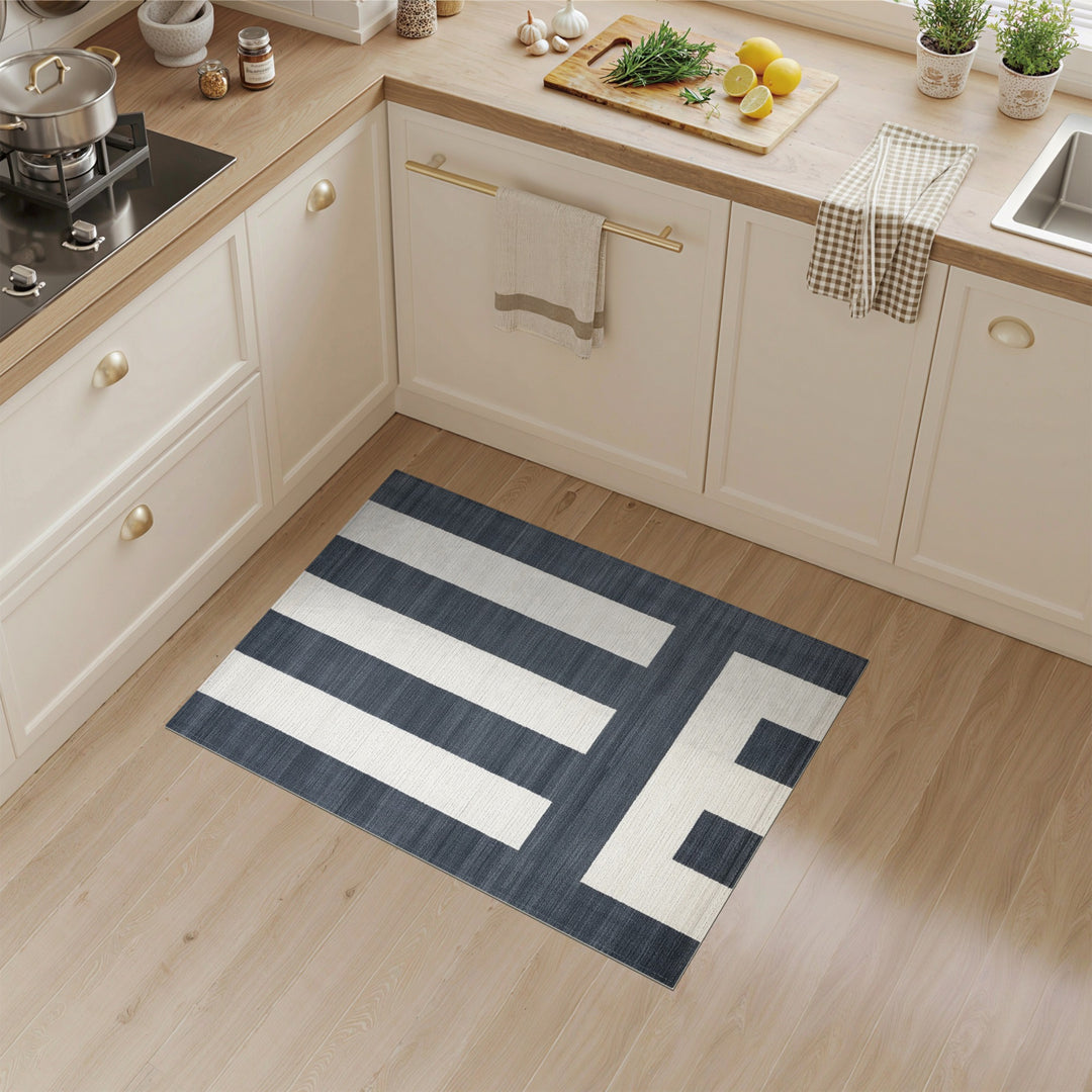 Navy Striped Geometric Washable Area Rug