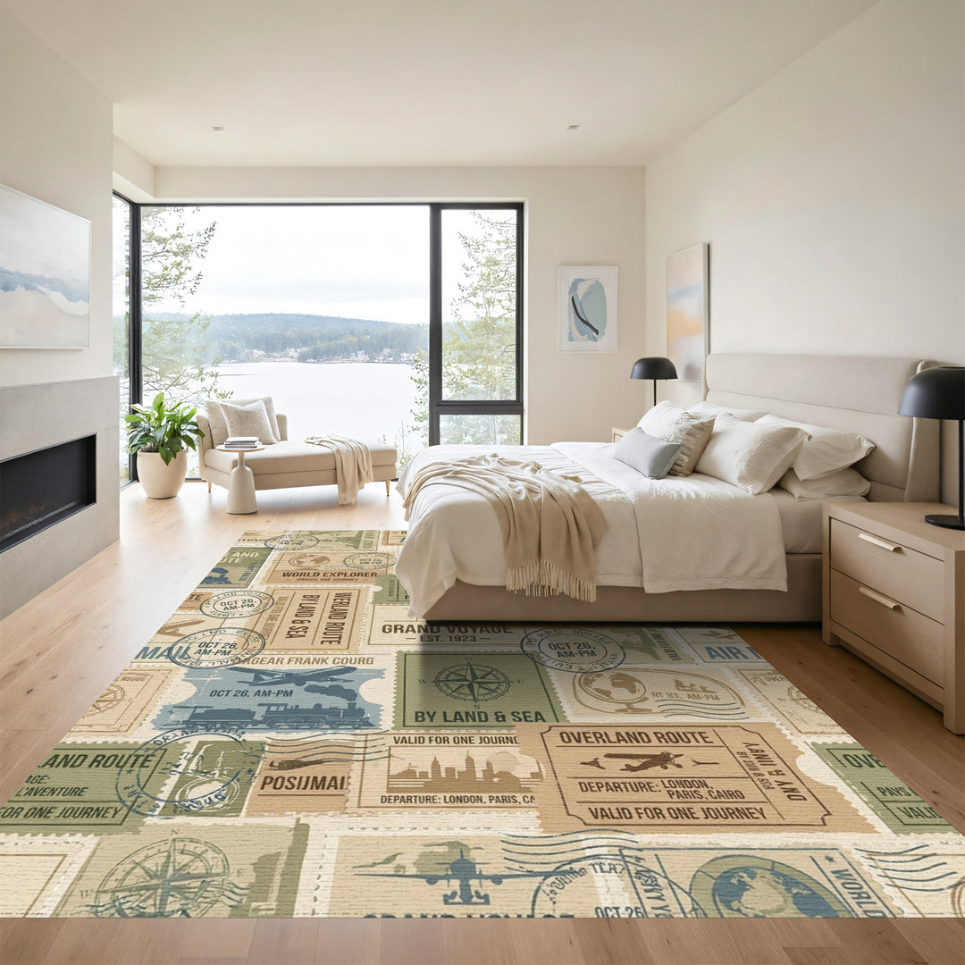 Vintage Travel Stamp Collage Rug