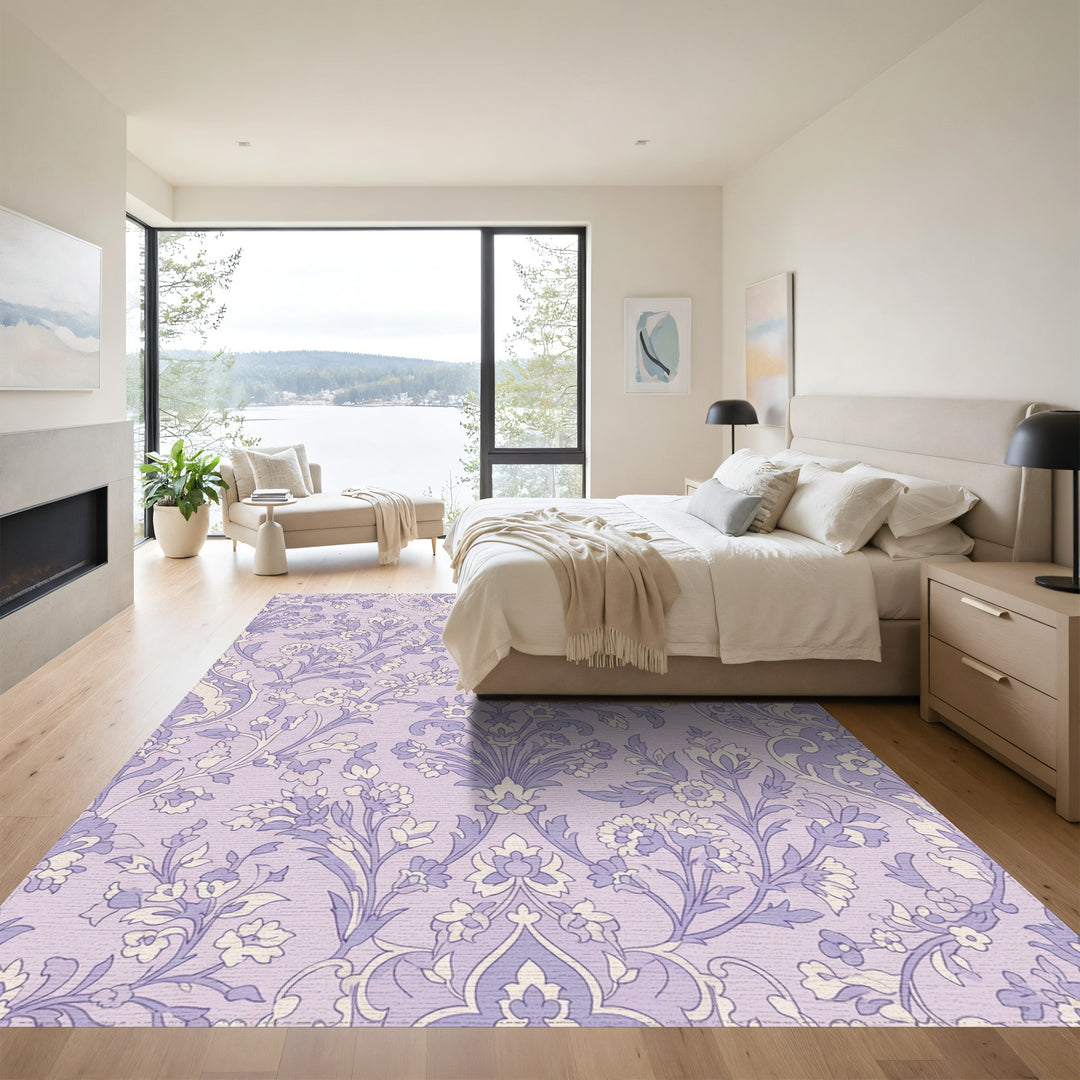 Lavender Floral Scroll Damask Rug