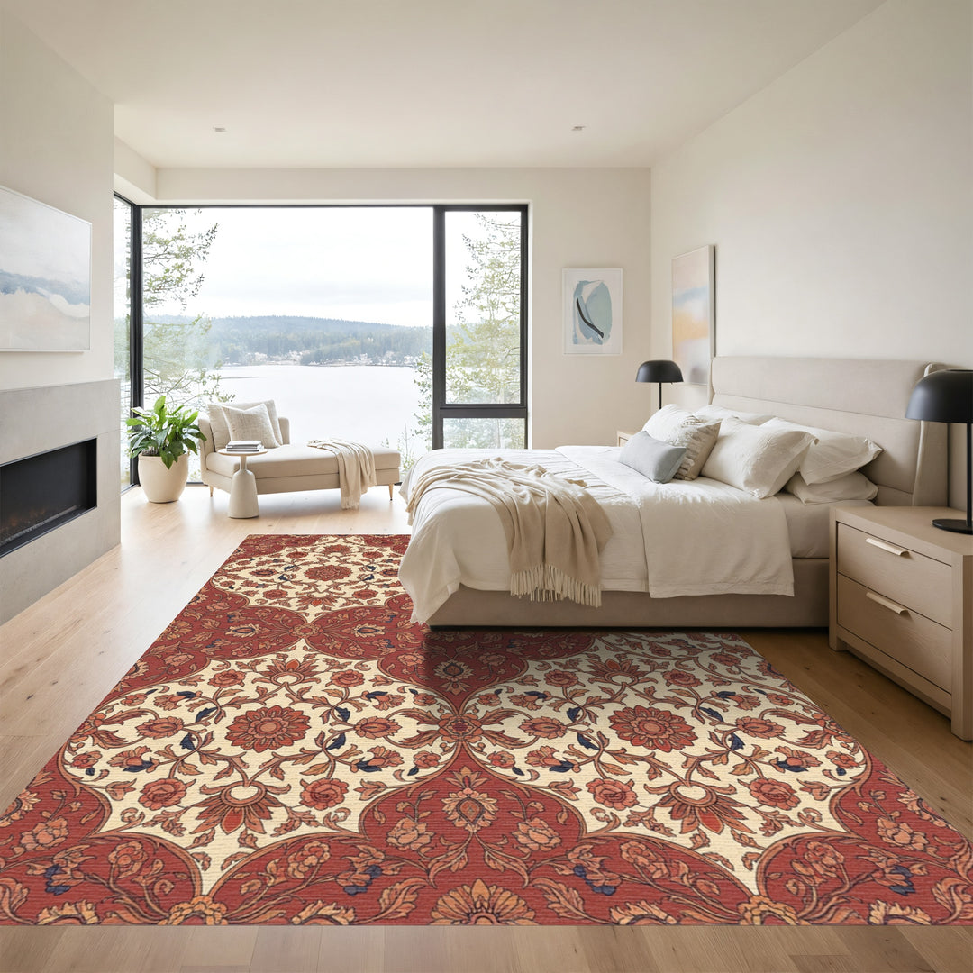 Crimson Ivory Floral Arch Ensemble Rug