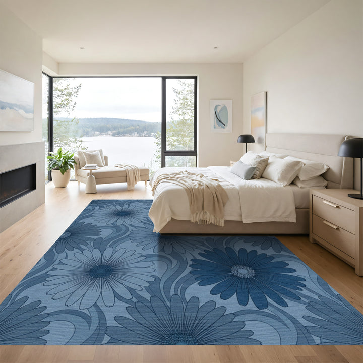 Dark Blue Floral Swirl Art Nouveau Rug
