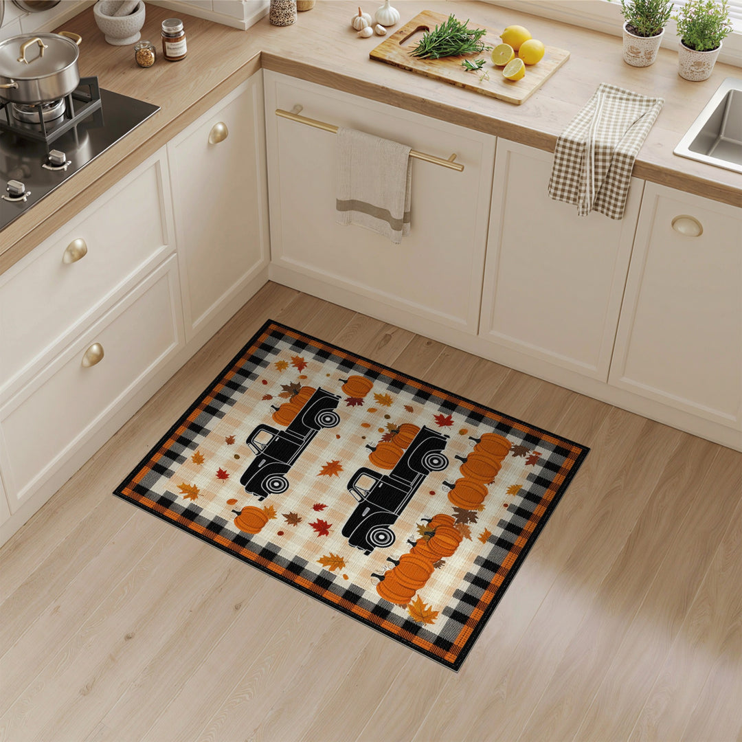 Autumn Pumpkin Truck Orange Plaid Area Rug