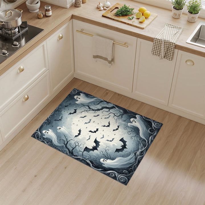 Moonlit Ghosts and Bats Black White Area Rug