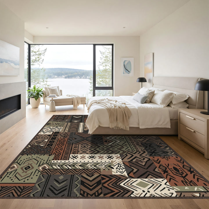 Earthy Patchwork Geometric Tribal Rug