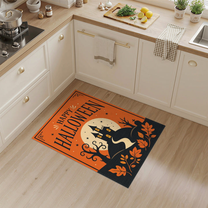 Orange Happy Halloween Haunted House Area Rug