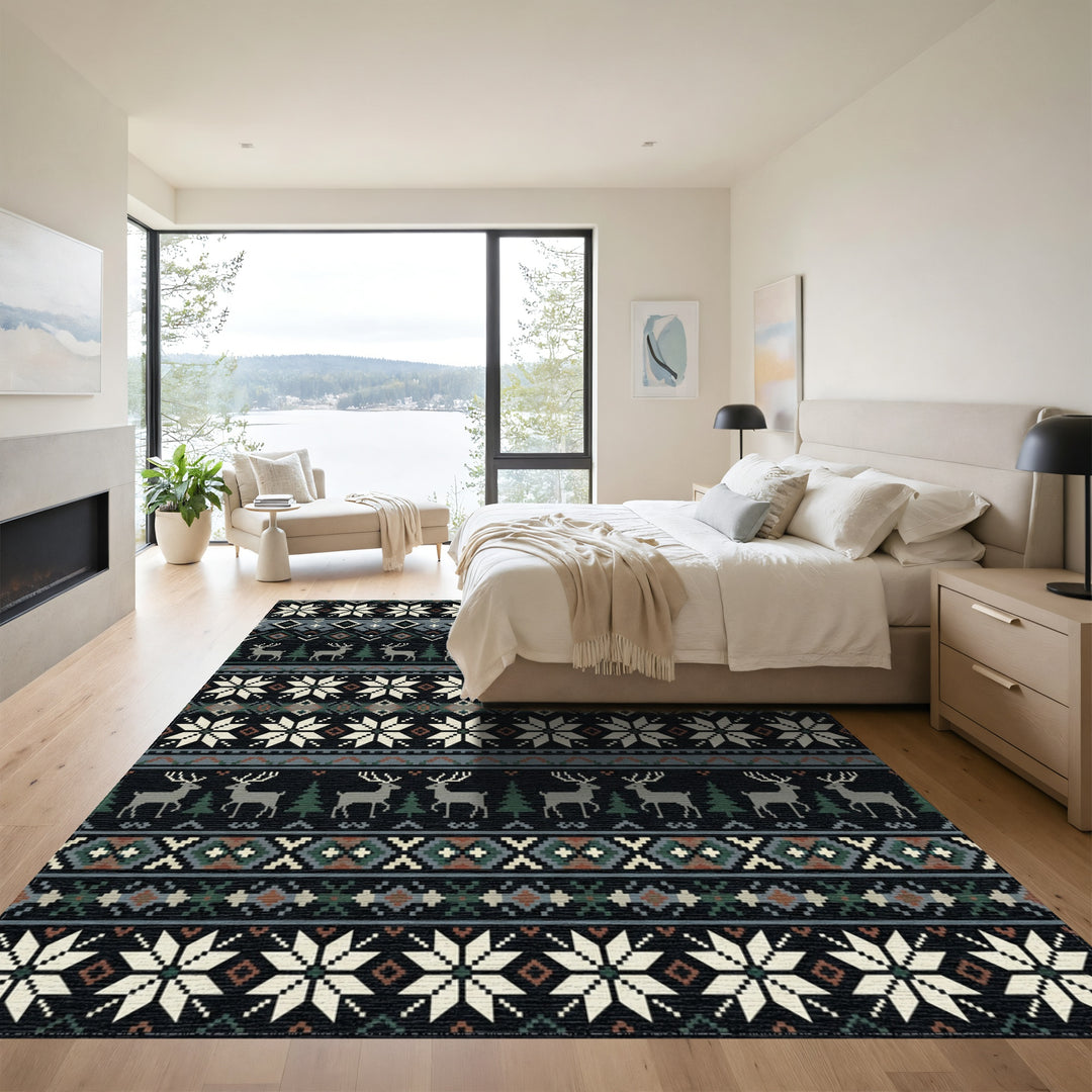 Nordic Winter Deer Snowflake Stripe Rug