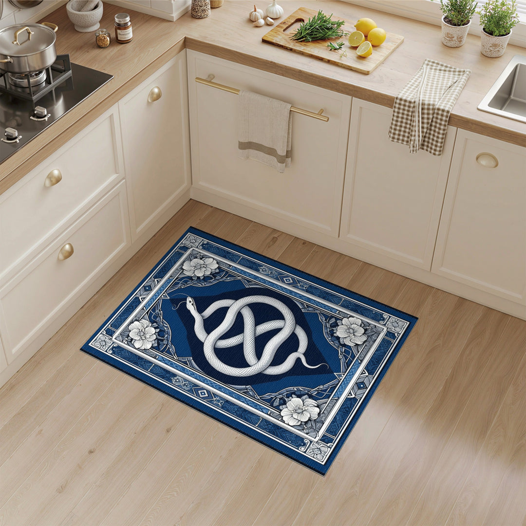 Coiled White Snake Blue Floral Area Rug