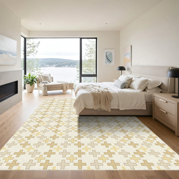Pale Yellow Cross Stitch Grid Rug