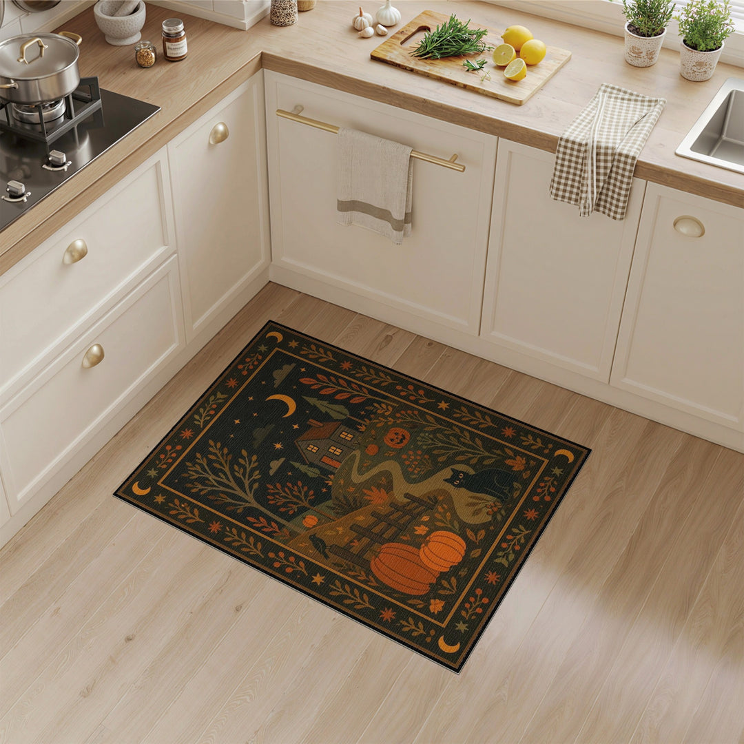 Washable Rustic Farmhouse Pumpkin Cat Area Rug