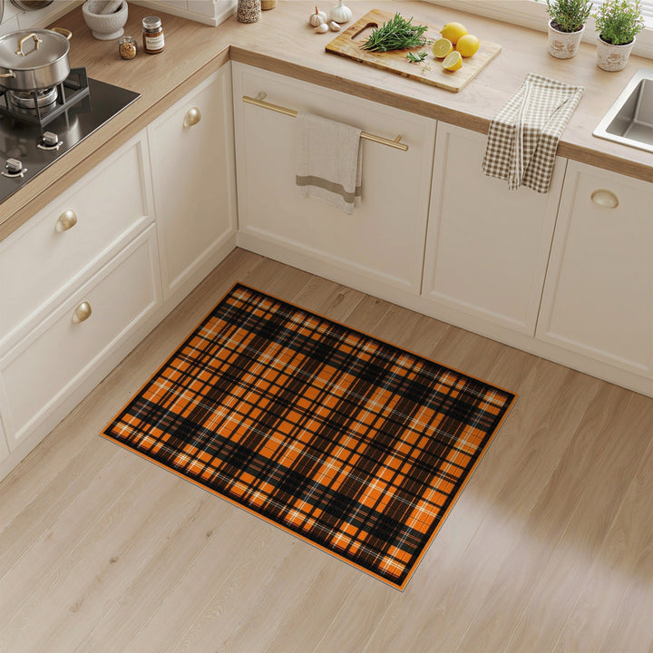 Geometric Modern Orange Black Plaid Washable Area Rug