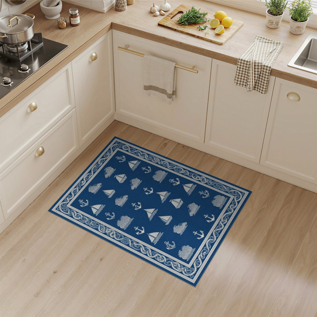 Nautical Blue Anchor Sailboat Area Rug