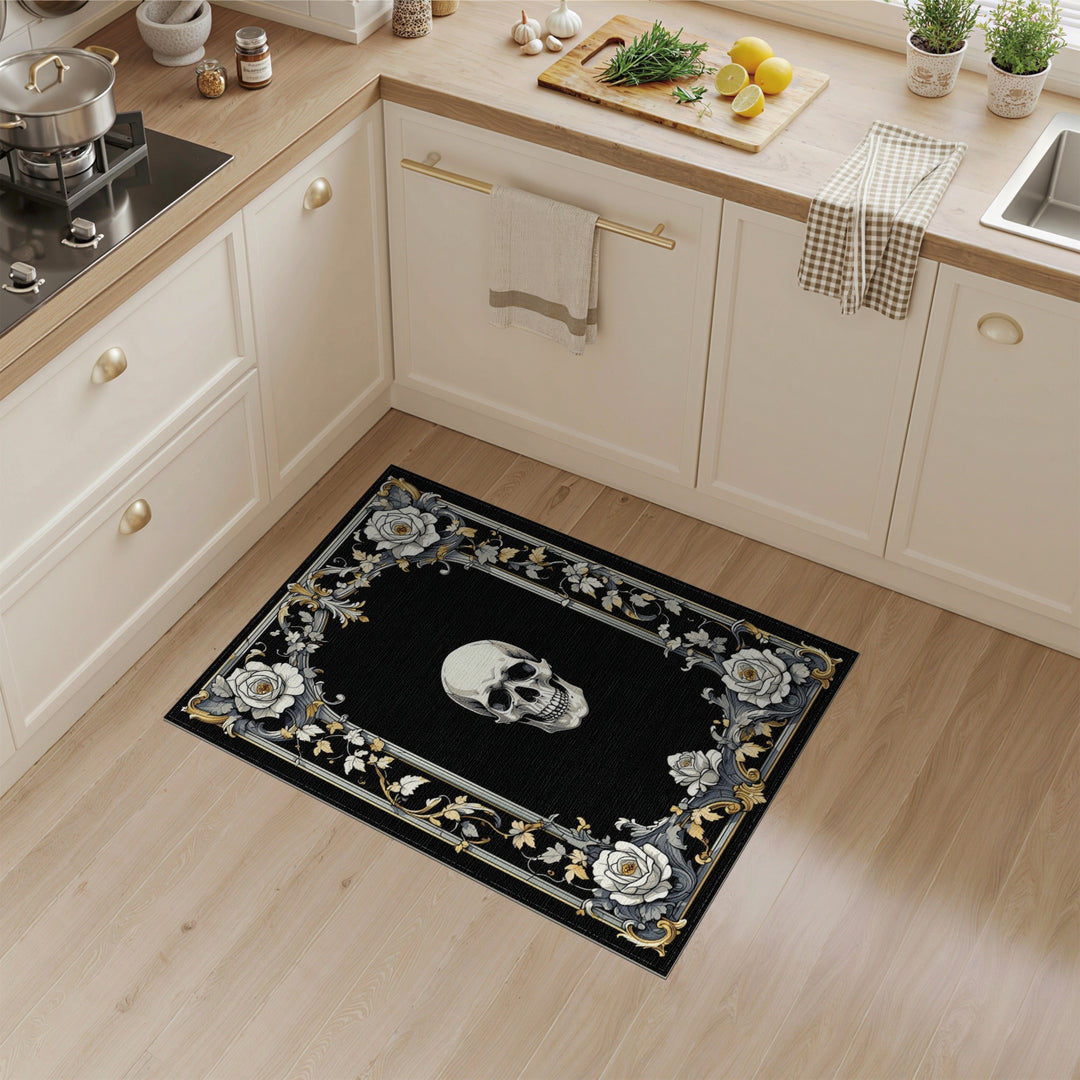 Black and White Black White Skull Rose Ornate Area Rug