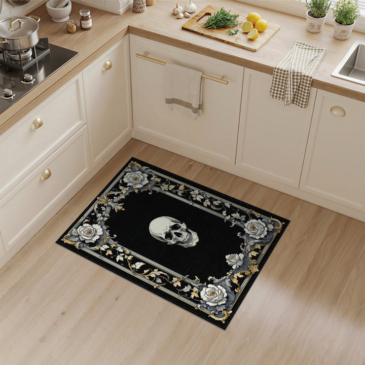 Black and White Black White Skull Rose Ornate Area Rug