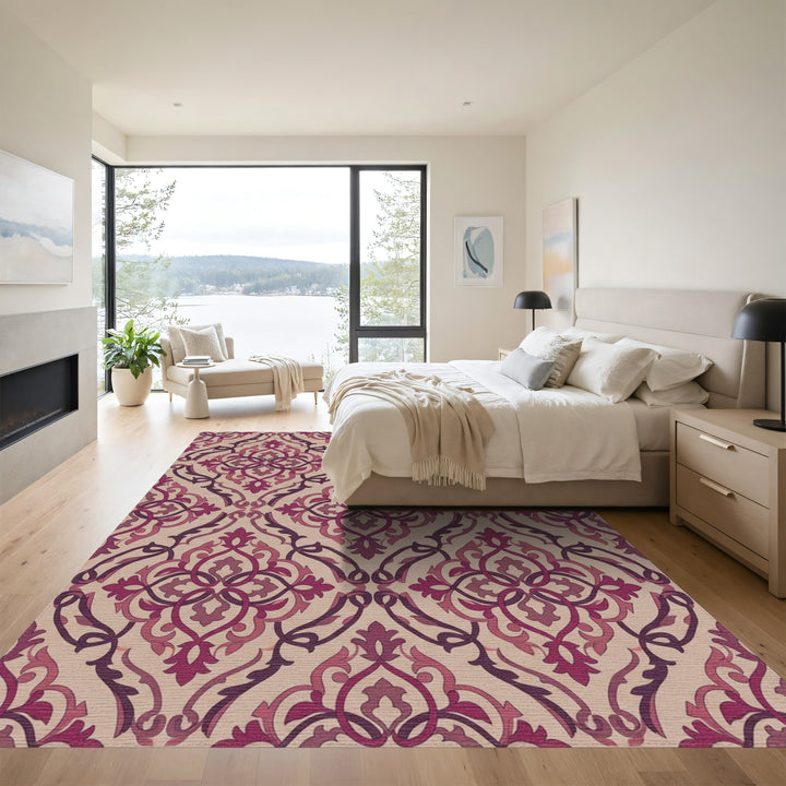 Crimson Plum Damask Scrollwork Rug