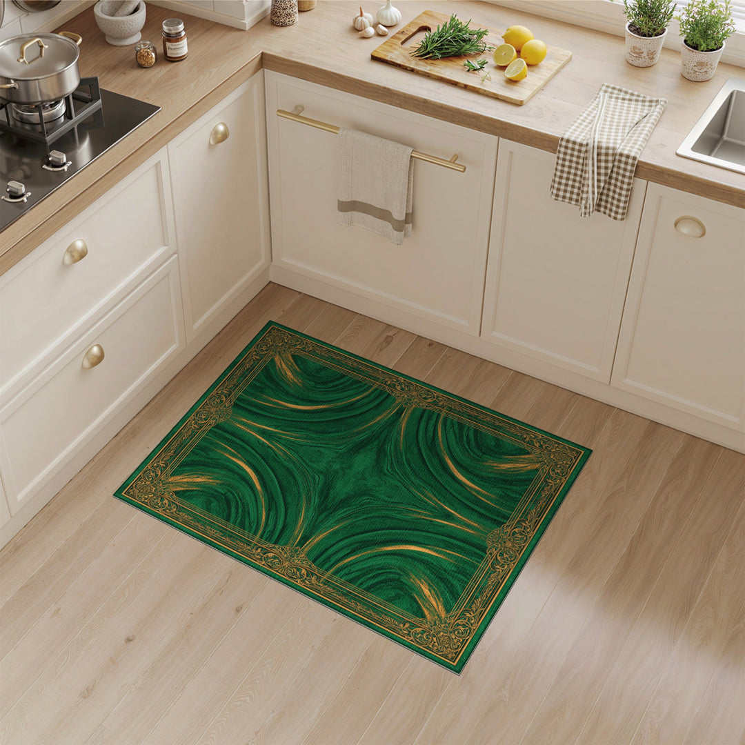 Green Marble Swirl Area Rug with Gold Ornate Border