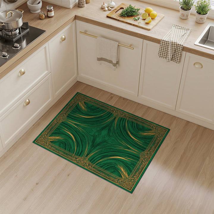 Green Marble Swirl Area Rug with Gold Ornate Border