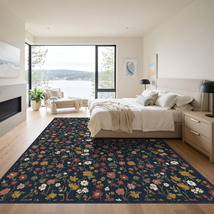 Vintage Deep Navy Floral Meadow Rug