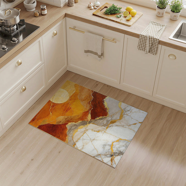 Abstract Orange Marble Gold Area Rug