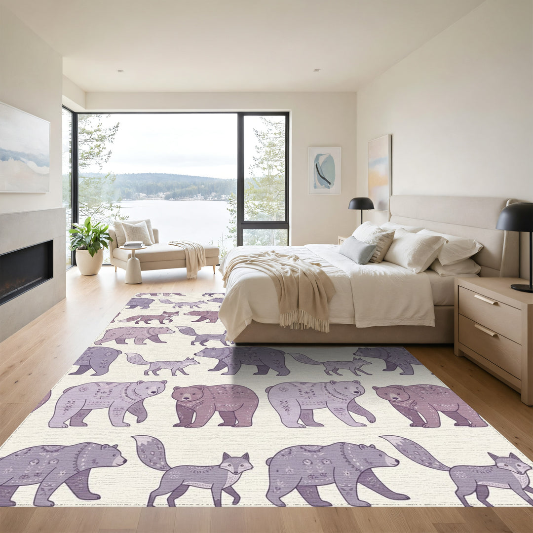 Lavender Bear Fox Folk Art Rug