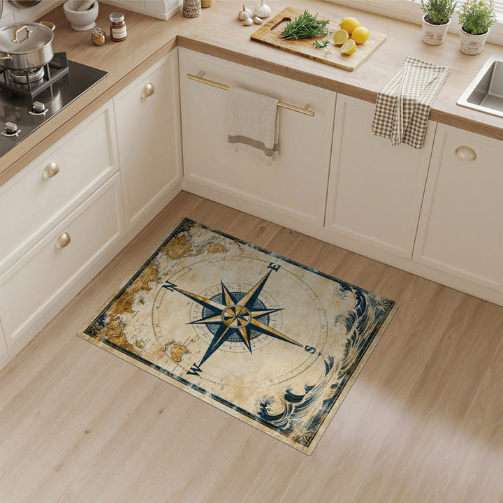 Vintage Compass World Map Area Rug
