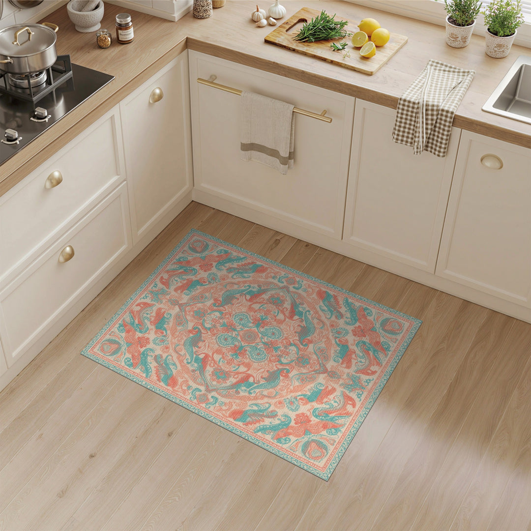 Blue and Teal Coral Traditional Persian Area Rug